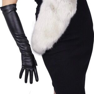 Women Long Black Gloves Faux Leather Elbow Length size M
